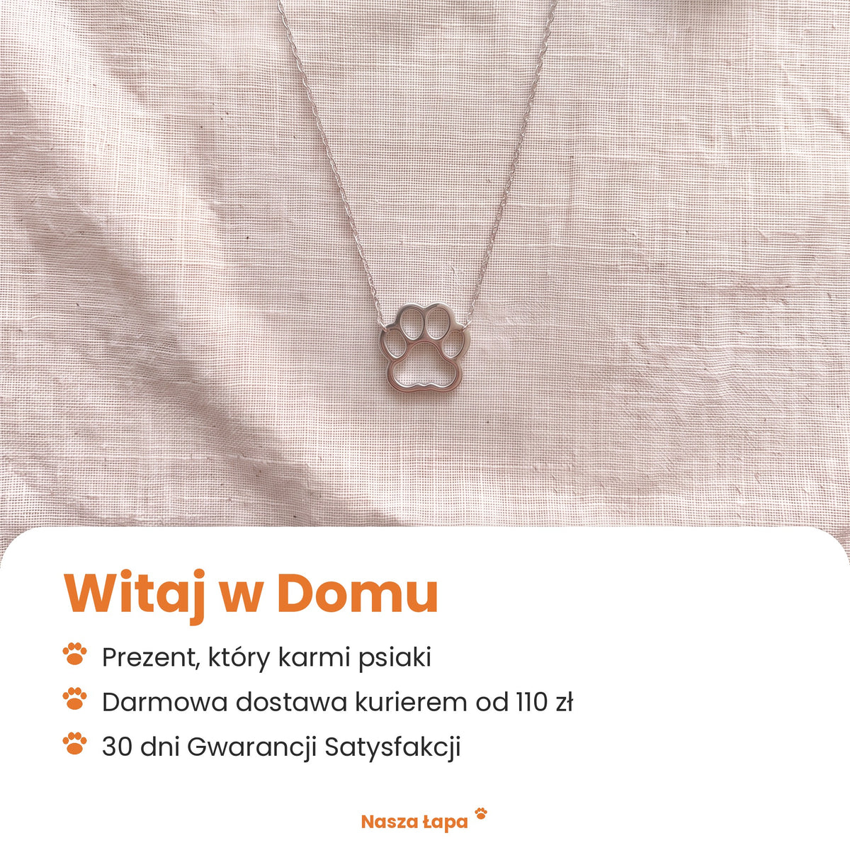 Naszyjnik Witaj w Domu od Nasza Łapa: prezent, który karmi psiaki, darmowa dostawa kurierem od 110 zł, 30 dni Gwarancji Satysfakcji