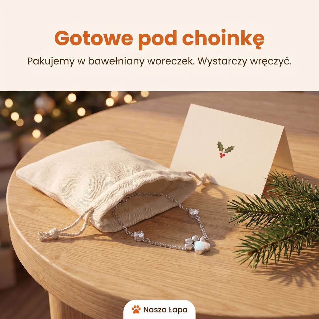 Bransoletka Srebrna 925 Tęczowy Ślad w bawełnianym woreczku obok świątecznej kartki, gotowe pod choinkę