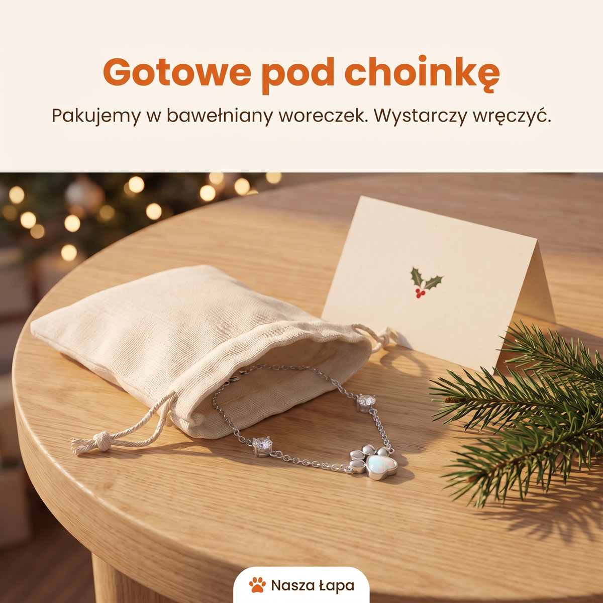 Bransoletka Srebrna 925 Tęczowy Ślad w bawełnianym woreczku obok świątecznej kartki, gotowe pod choinkę