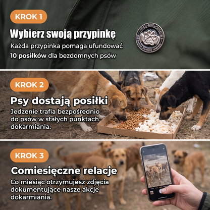 Jak Twoja przypinka pomaga - 3 kroki: wybierz, psy dostają posiłki, comiesięczne relacje