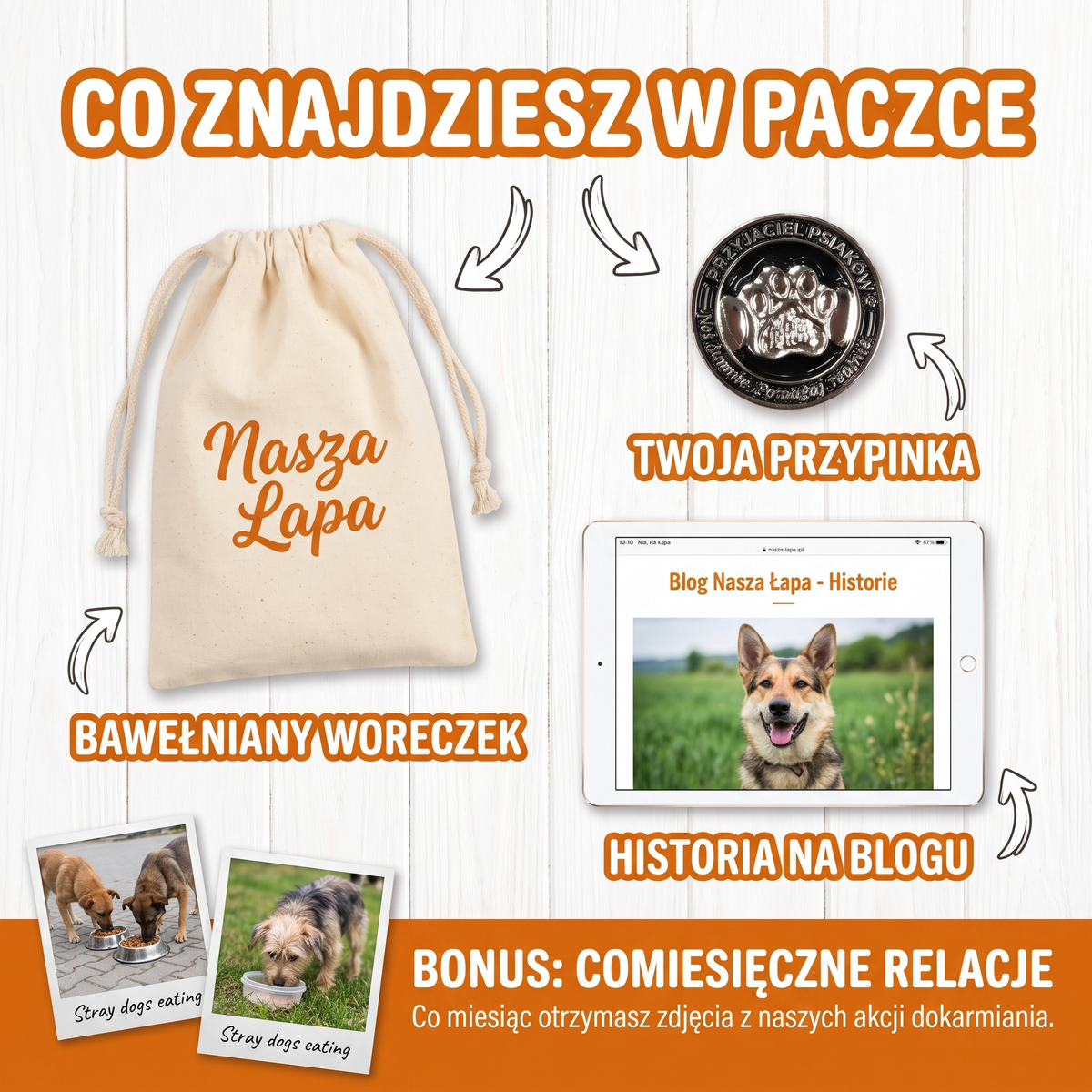 Co znajdziesz w paczce - przypinka, bawełniany woreczek Nasza Łapa, historia na blogu