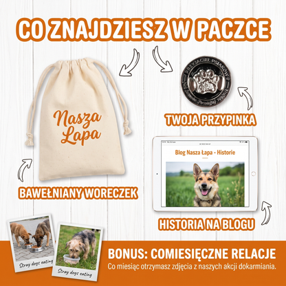 Co znajdziesz w paczce - przypinka, bawełniany woreczek Nasza Łapa, historia na blogu
