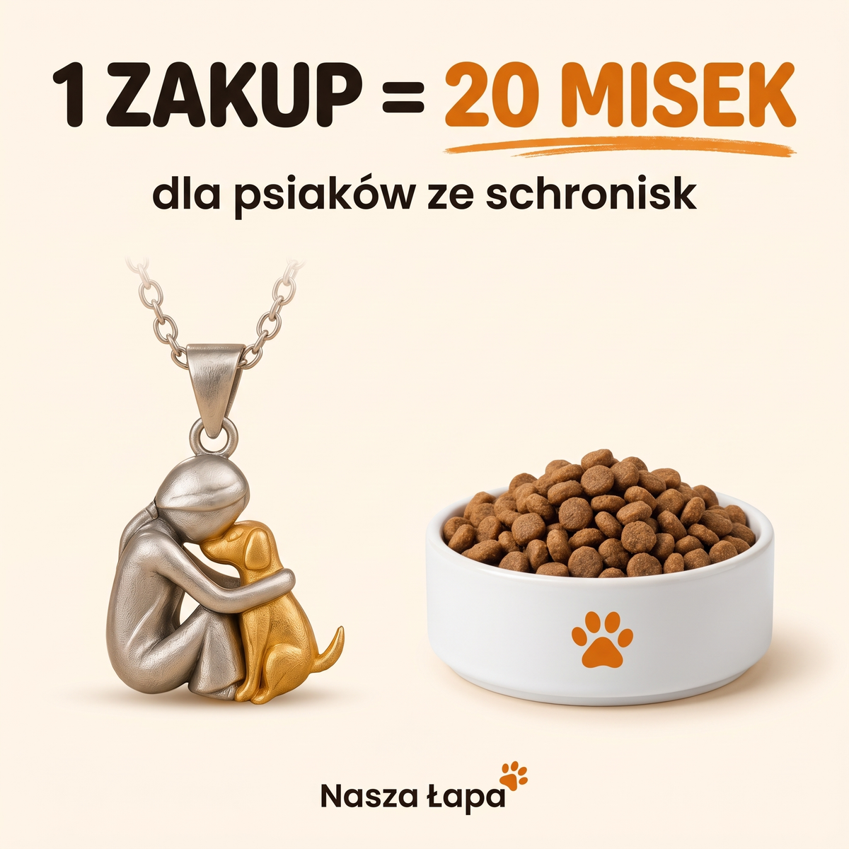 1 zakup = 20 misek dla psiaków ze schronisk — naszyjnik Nasza Łapa i miska z karmą