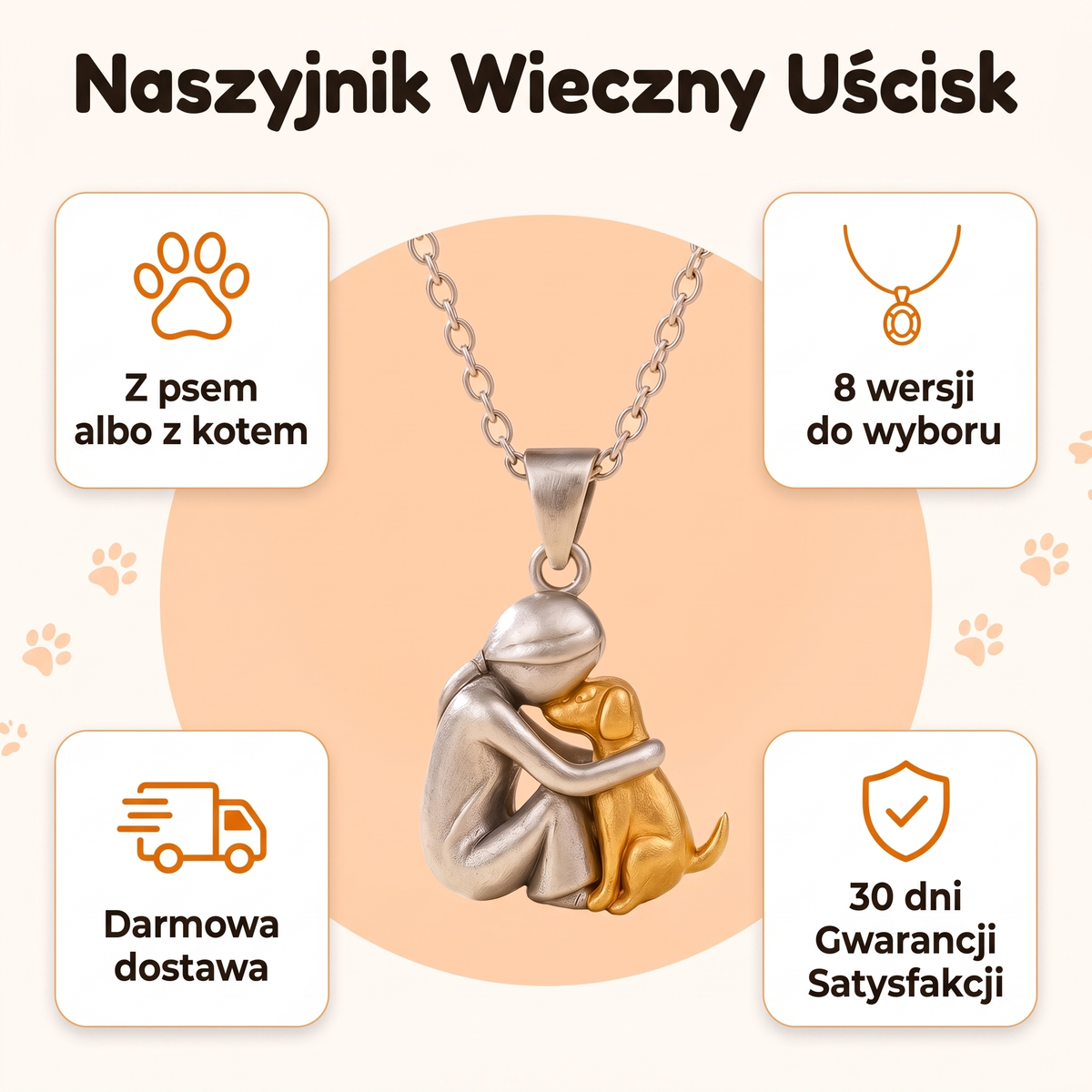 Naszyjnik Wieczny Uścisk — z psem albo z kotem, 8 wersji do wyboru, darmowa dostawa, 30 dni Gwarancji Satysfakcji