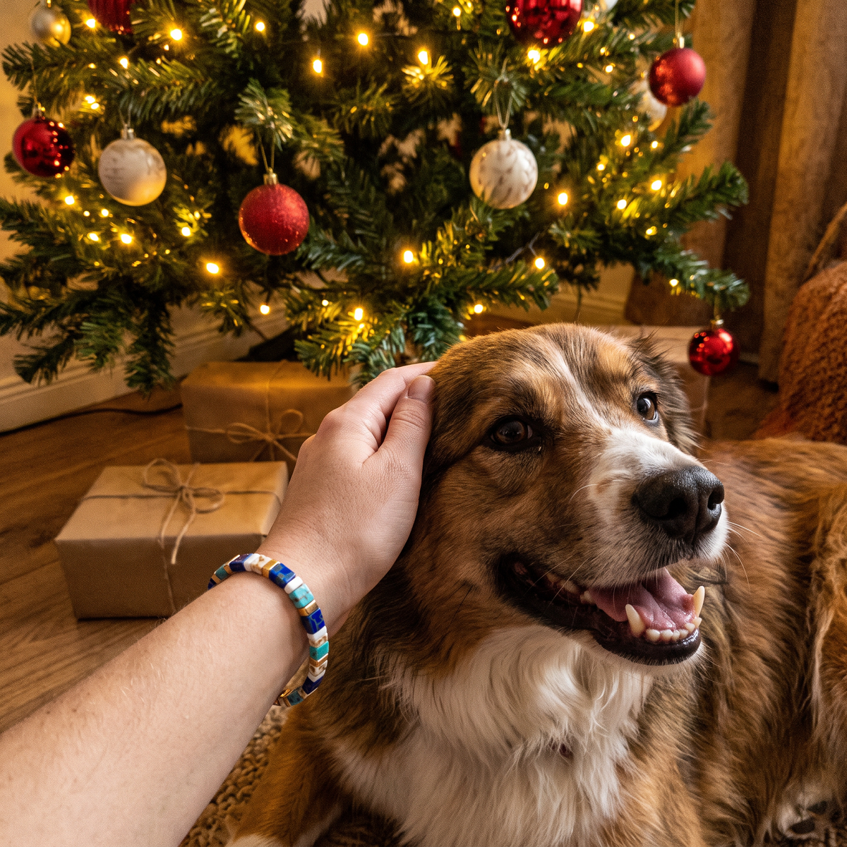 Bransoletka Tkana - Plusk w Jeziorze, na dłoni głaszczącej psa pod choinką