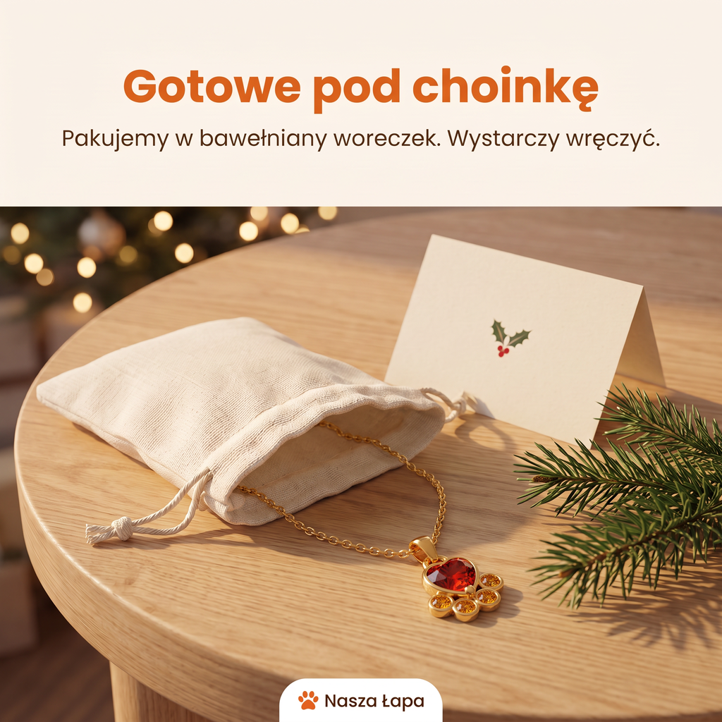 Naszyjnik Przy Kominku w bawełnianym woreczku obok świątecznej kartki, gotowe pod choinkę
