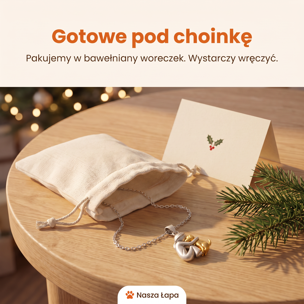 Naszyjnik Przy Sercu w bawełnianym woreczku obok świątecznej kartki, gotowe pod choinkę