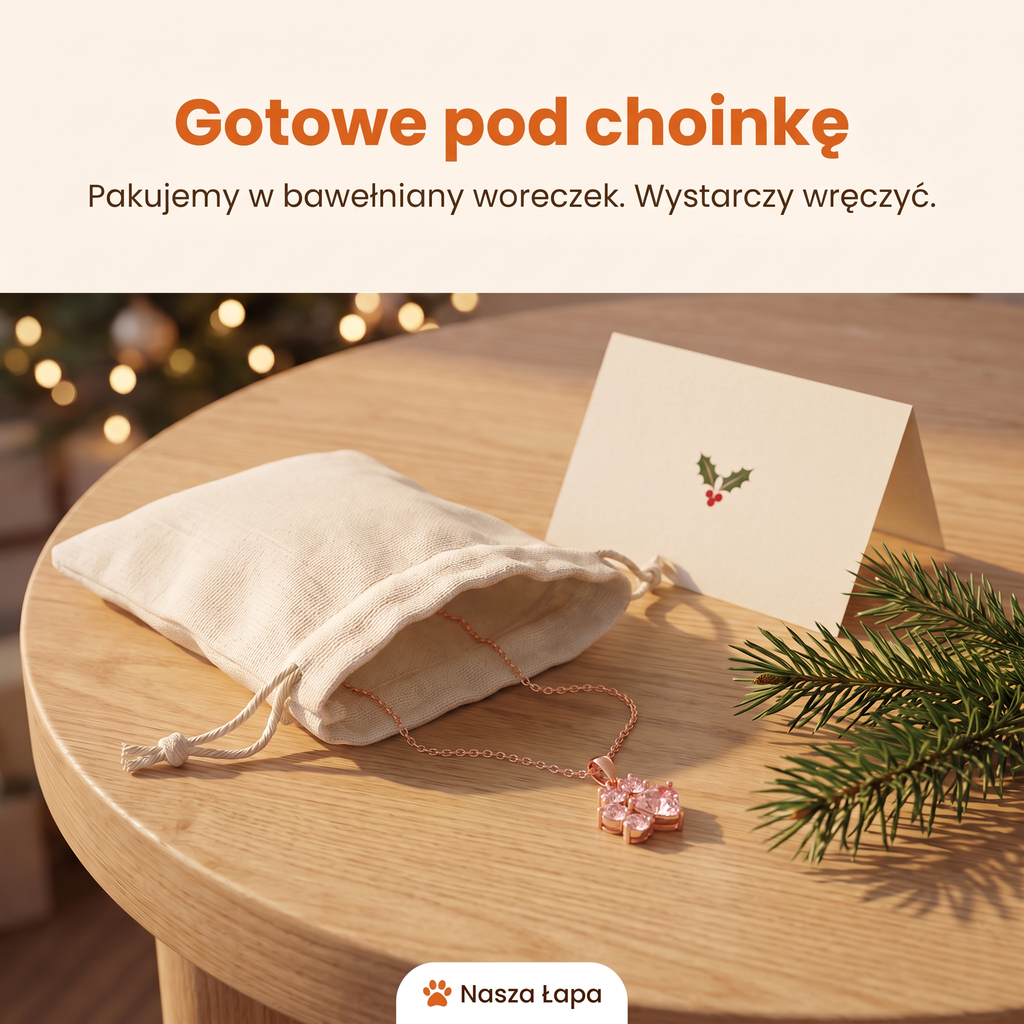 Naszyjnik Radosne Merdanie w bawełnianym woreczku obok świątecznej kartki, gotowe pod choinkę