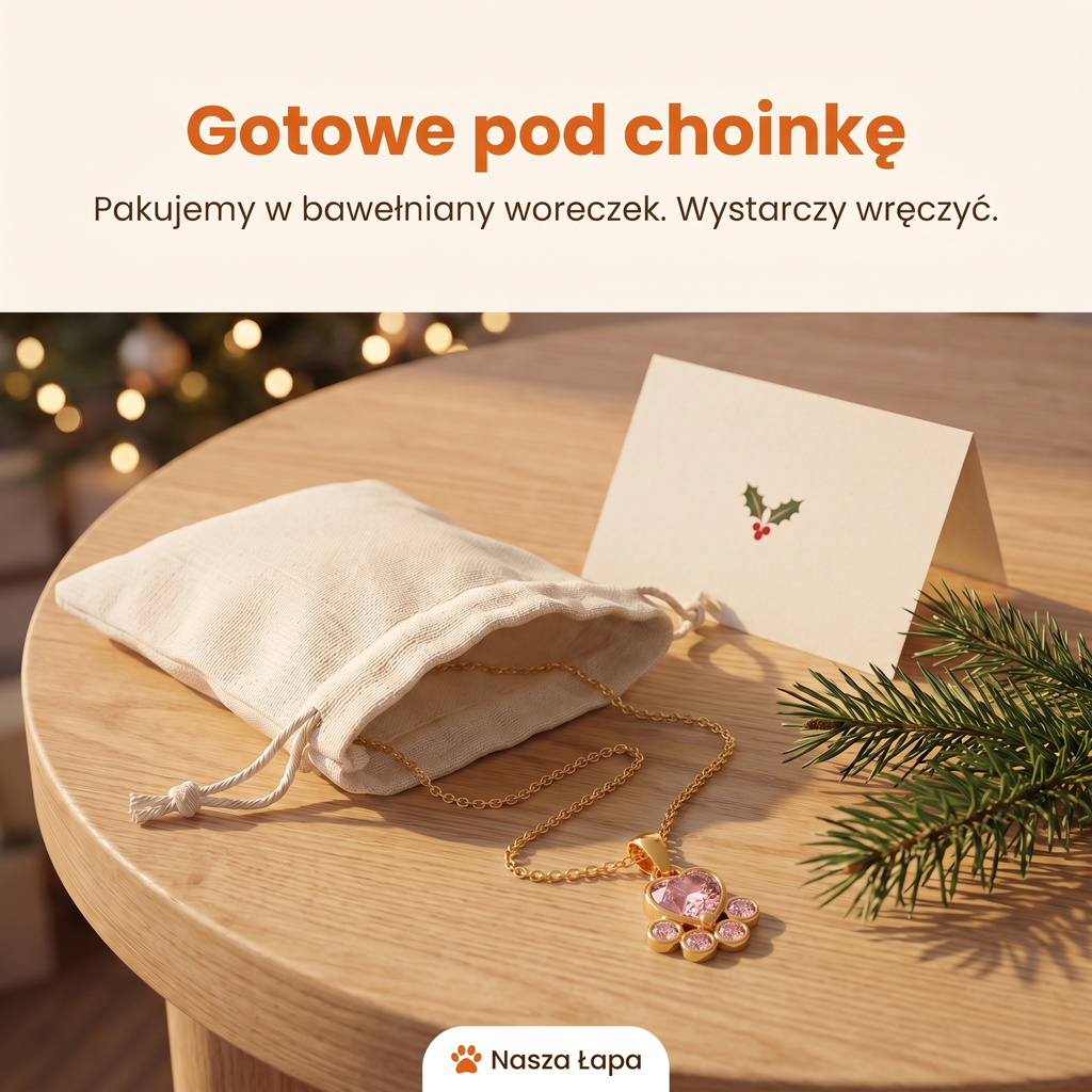 Naszyjnik Słodki Szczeniak w bawełnianym woreczku obok świątecznej kartki, gotowe pod choinkę