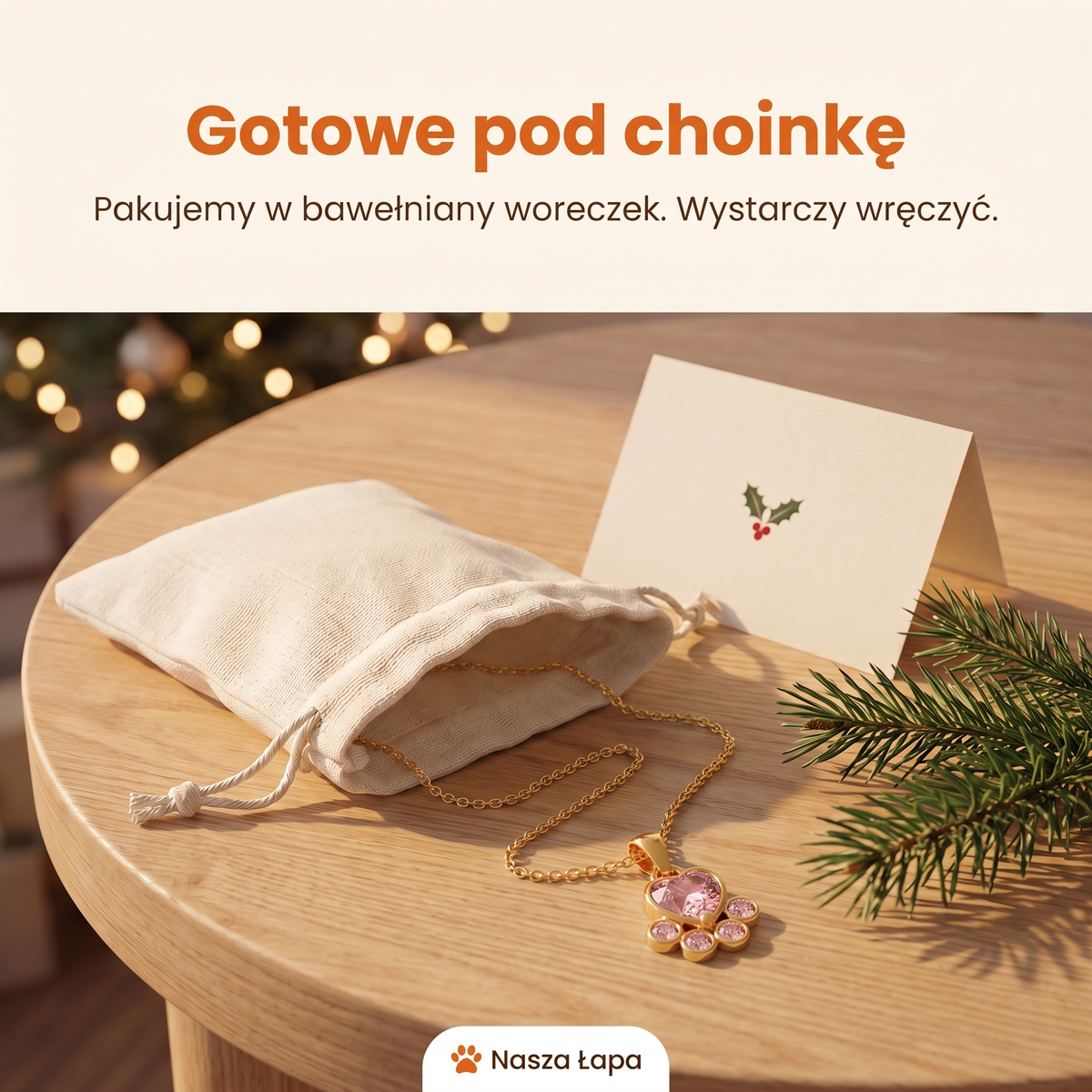 Naszyjnik Słodki Szczeniak w bawełnianym woreczku obok świątecznej kartki, gotowe pod choinkę