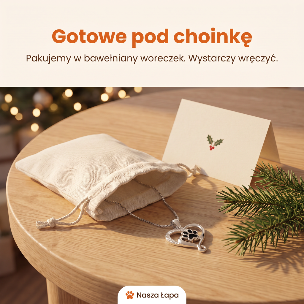 Naszyjnik Tęczowy Most w bawełnianym woreczku obok świątecznej kartki, gotowe pod choinkę