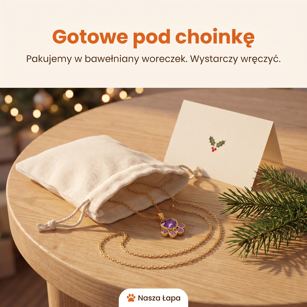 Naszyjnik Wspólny Wieczór w bawełnianym woreczku obok świątecznej kartki, gotowe pod choinkę