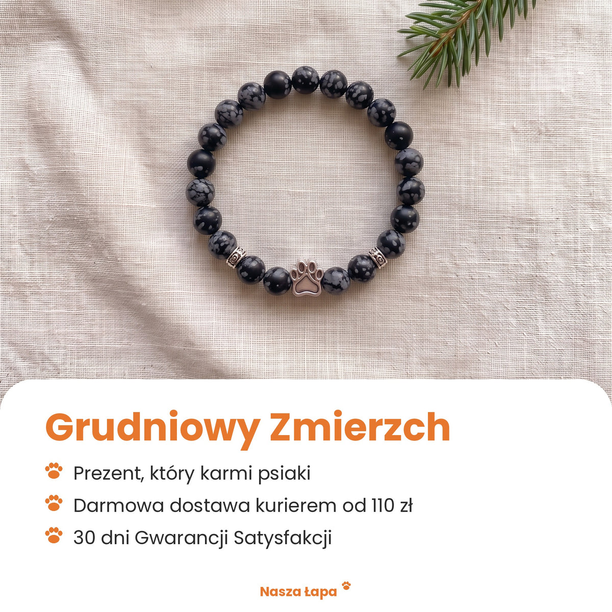 Bransoletka Grudniowy Zmierzch od Nasza Łapa: prezent, który karmi psiaki, darmowa dostawa kurierem od 110 zł, 30 dni Gwarancji Satysfakcji