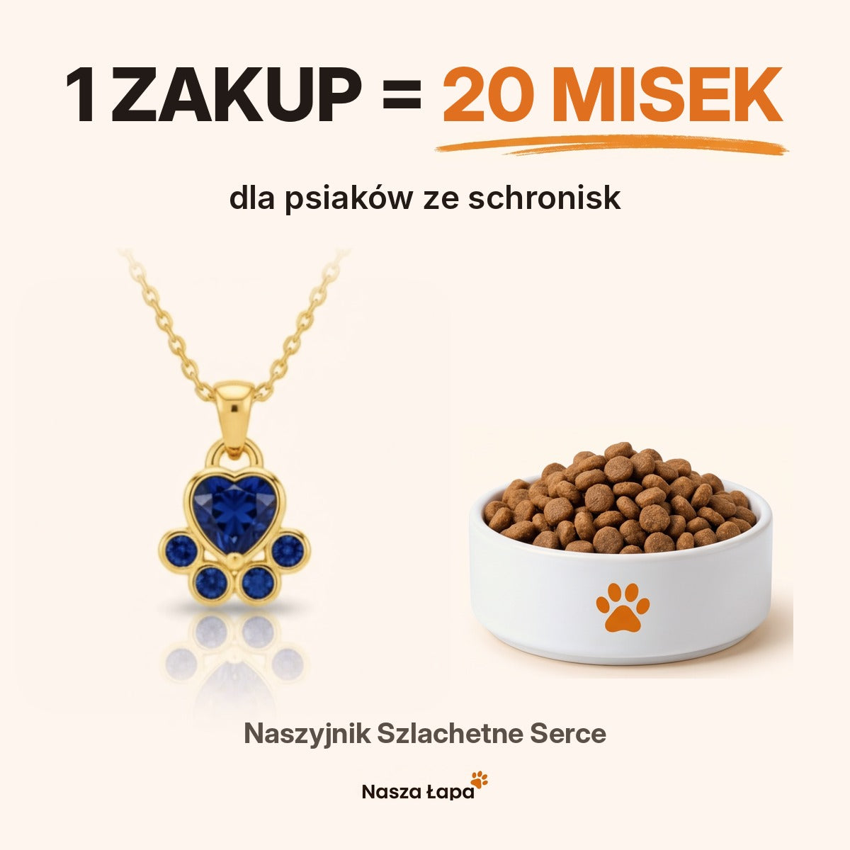 1 zakup = 20 misek dla psiaków ze schronisk — naszyjnik Szlachetne Serce Nasza Łapa