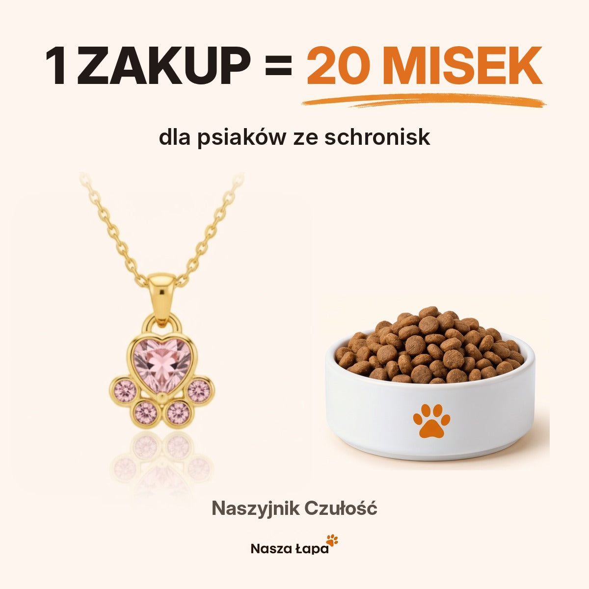 1 zakup = 20 misek dla psiaków ze schronisk — naszyjnik Czułość Nasza Łapa
