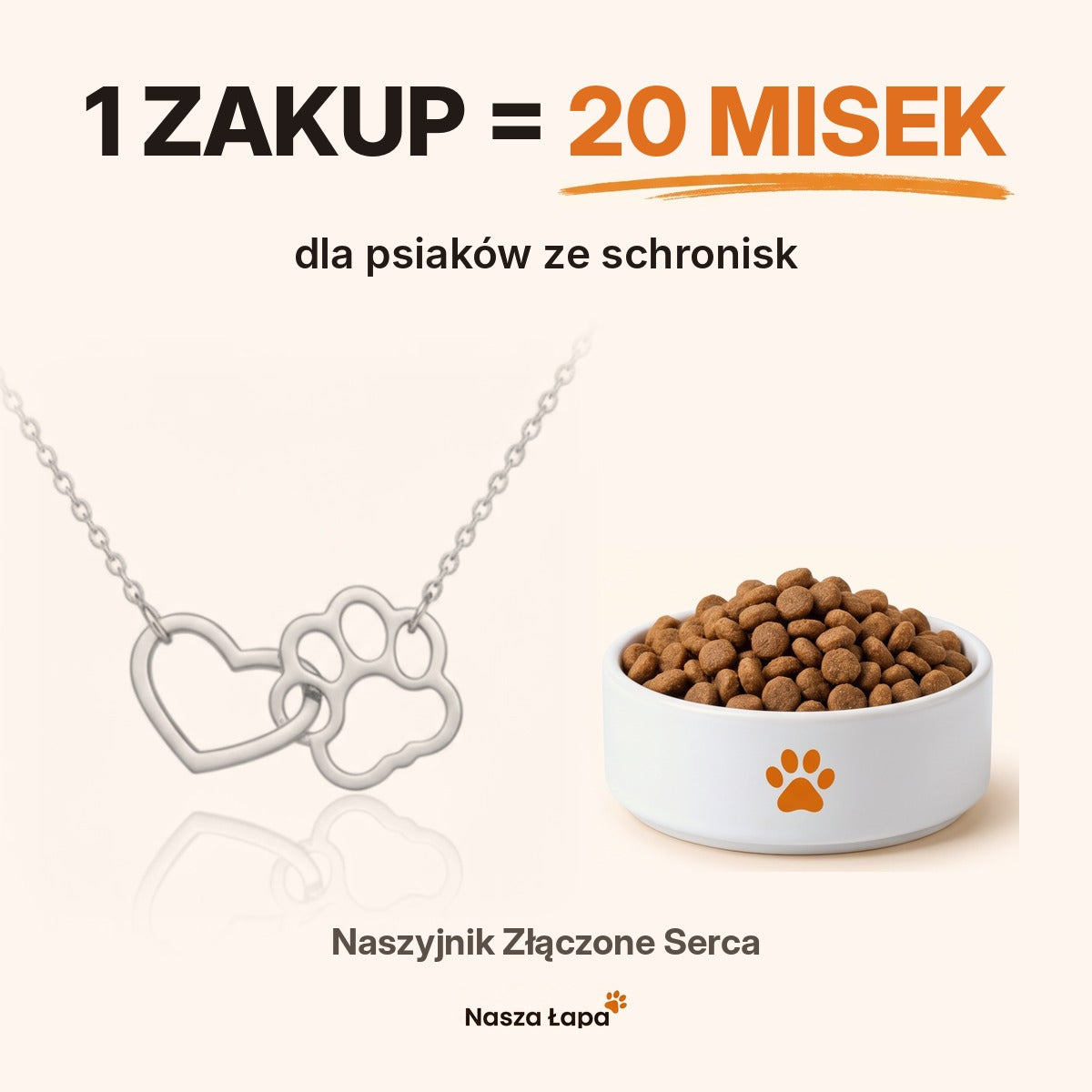 1 zakup = 20 misek dla psiaków ze schronisk — naszyjnik Złączone Serca Nasza Łapa