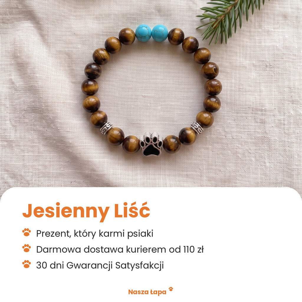 Bransoletka Jesienny Liść od Nasza Łapa: prezent, który karmi psiaki, darmowa dostawa kurierem od 110 zł, 30 dni Gwarancji Satysfakcji