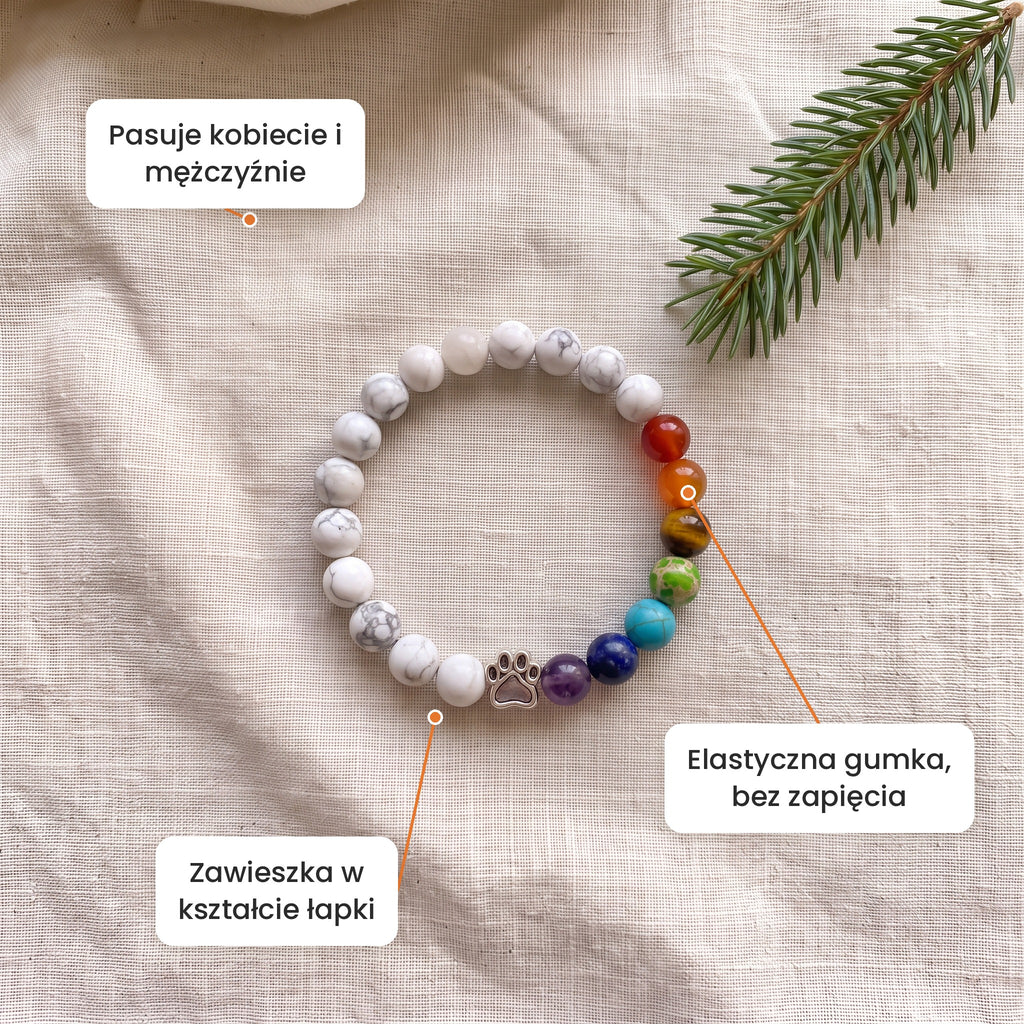 Cechy: Bransoletka Kwietna Łąka. Zawieszka w kształcie łapki, elastyczna gumka bez zapięcia, pasuje kobiecie i mężczyźnie