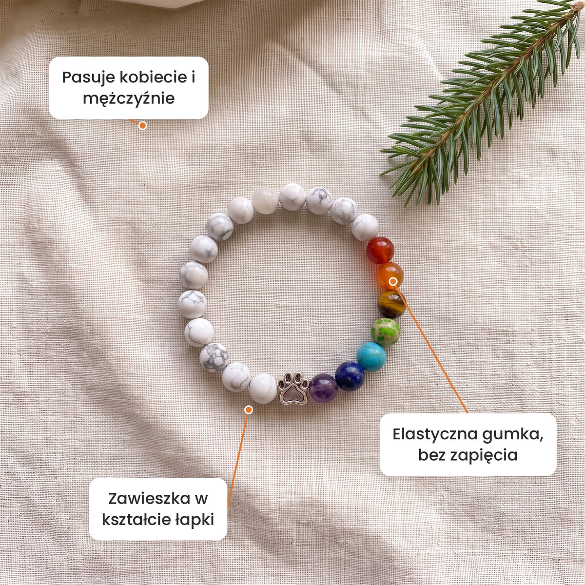 Cechy: Bransoletka Kwietna Łąka. Zawieszka w kształcie łapki, elastyczna gumka bez zapięcia, pasuje kobiecie i mężczyźnie