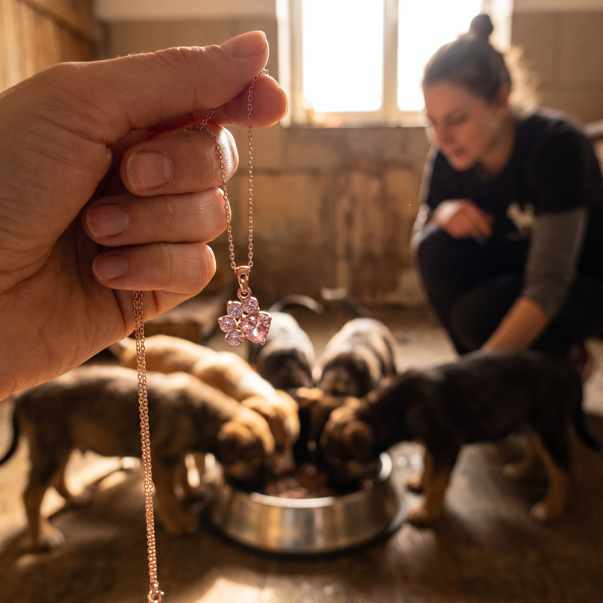 Naszyjnik Lśniąca Łapka na dłoni, w tle karmienie psów w schronisku