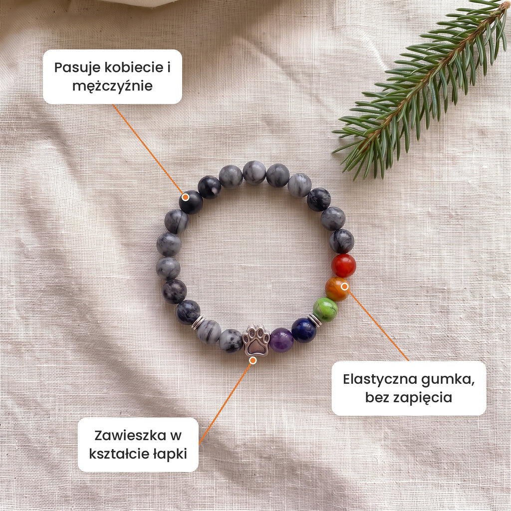 Cechy: Bransoletka Przejaśnienie. Zawieszka w kształcie łapki, elastyczna gumka bez zapięcia, pasuje kobiecie i mężczyźnie