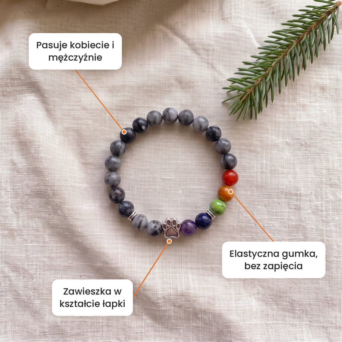 Cechy: Bransoletka Przejaśnienie. Zawieszka w kształcie łapki, elastyczna gumka bez zapięcia, pasuje kobiecie i mężczyźnie