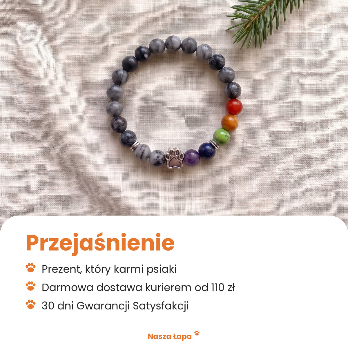 Bransoletka Przejaśnienie od Nasza Łapa: prezent, który karmi psiaki, darmowa dostawa kurierem od 110 zł, 30 dni Gwarancji Satysfakcji