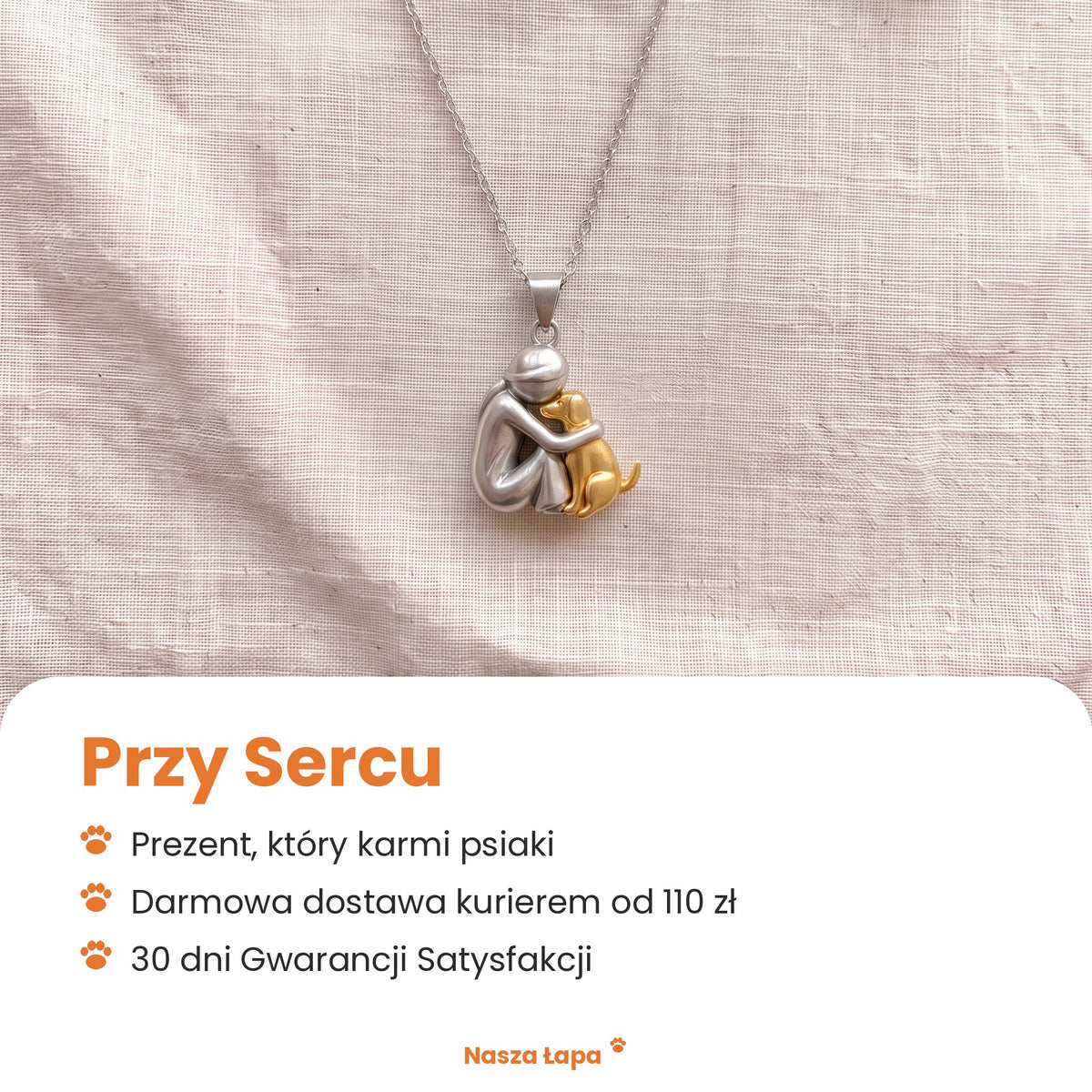 Naszyjnik Przy Sercu od Nasza Łapa: prezent, który karmi psiaki, darmowa dostawa kurierem od 110 zł, 30 dni Gwarancji Satysfakcji