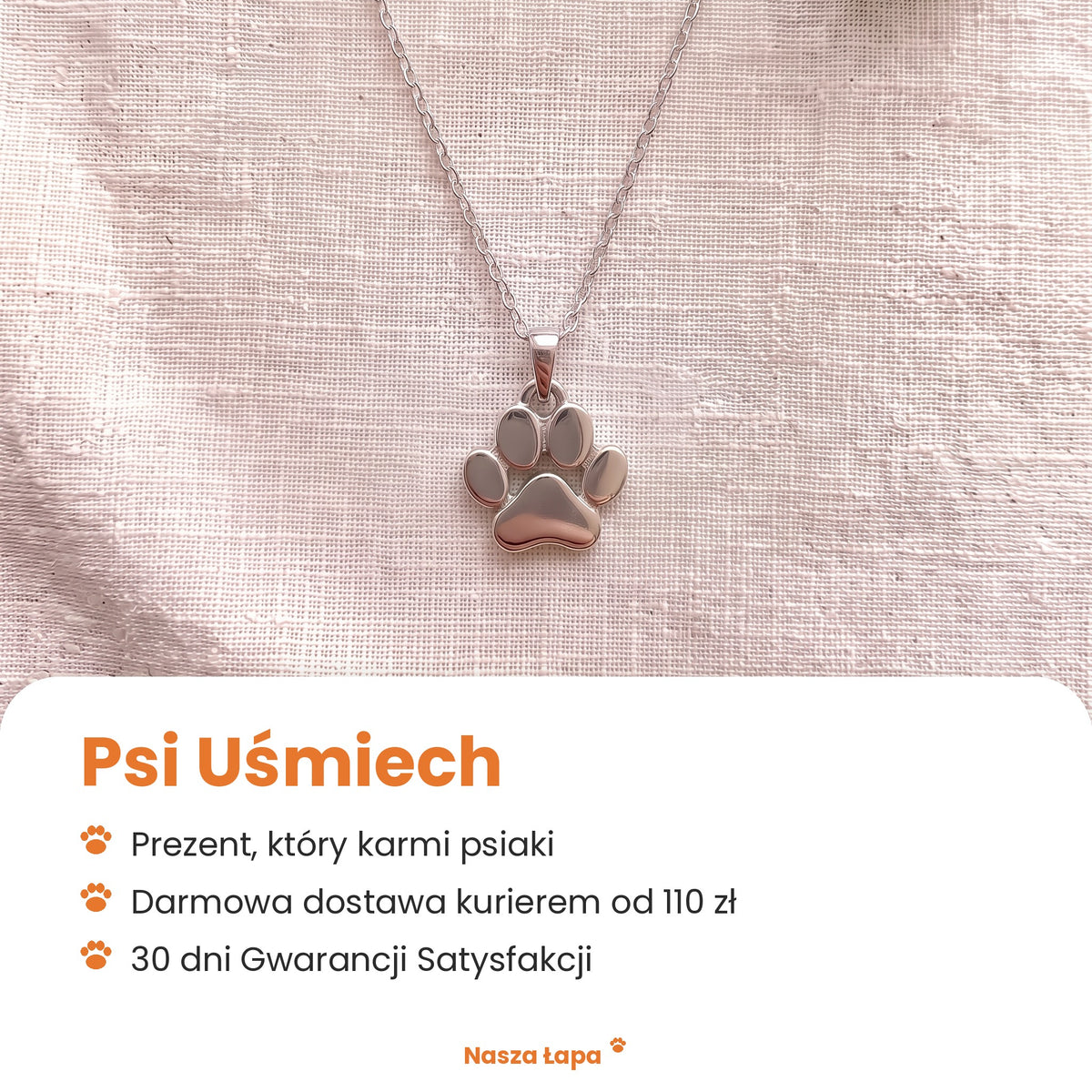 Naszyjnik Psi Uśmiech od Nasza Łapa: prezent, który karmi psiaki, darmowa dostawa kurierem od 110 zł, 30 dni Gwarancji Satysfakcji
