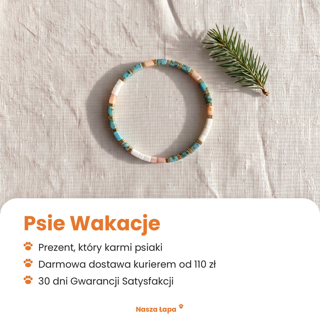 Bransoletka tkana Psie Wakacje od Nasza Łapa: prezent, który karmi psiaki, darmowa dostawa kurierem od 110 zł, 30 dni Gwarancji Satysfakcji