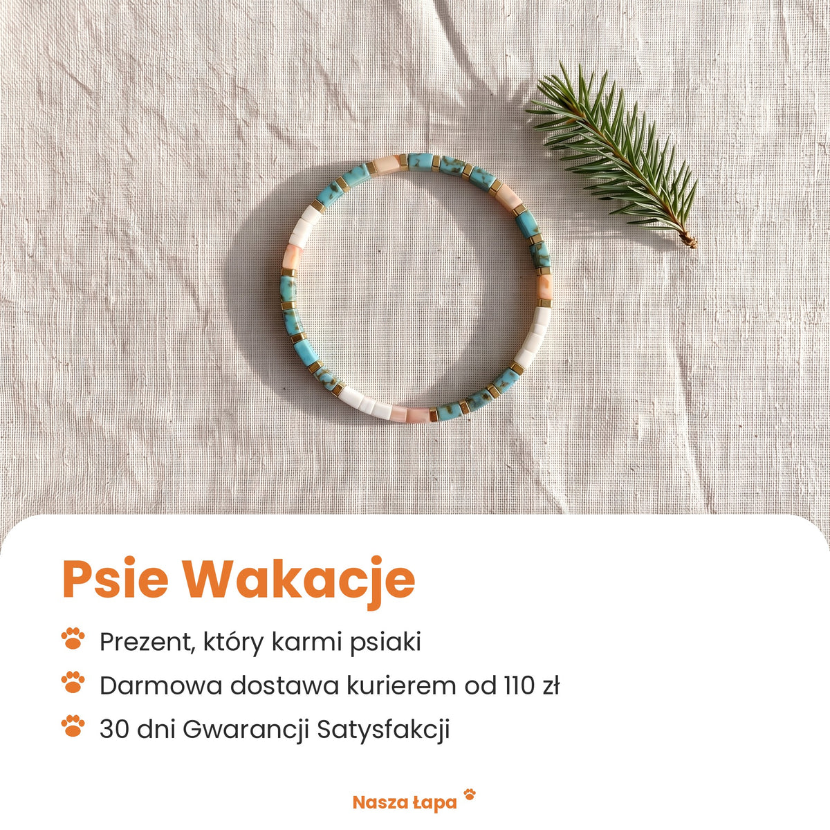 Bransoletka tkana Psie Wakacje od Nasza Łapa: prezent, który karmi psiaki, darmowa dostawa kurierem od 110 zł, 30 dni Gwarancji Satysfakcji