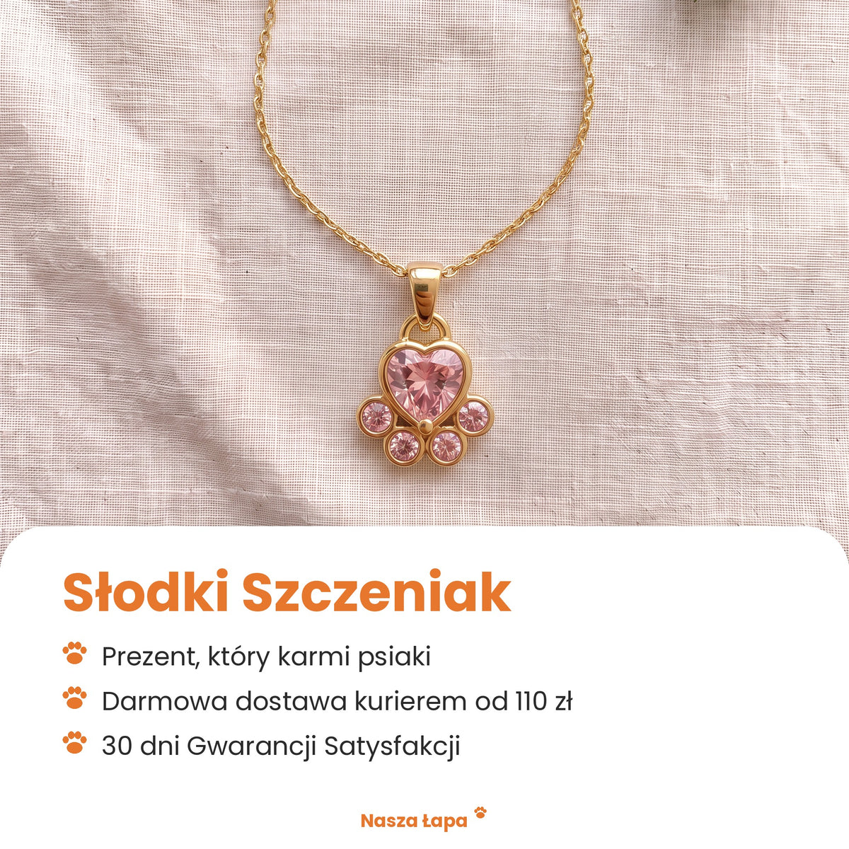 Naszyjnik Słodki Szczeniak od Nasza Łapa: prezent, który karmi psiaki, darmowa dostawa kurierem od 110 zł, 30 dni Gwarancji Satysfakcji