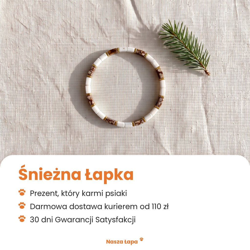 Bransoletka tkana Śnieżna Łapka od Nasza Łapa: prezent, który karmi psiaki, darmowa dostawa kurierem od 110 zł, 30 dni Gwarancji Satysfakcji