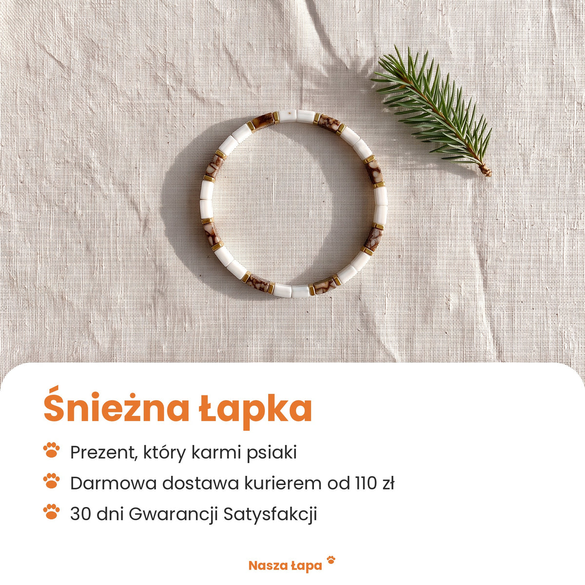 Bransoletka tkana Śnieżna Łapka od Nasza Łapa: prezent, który karmi psiaki, darmowa dostawa kurierem od 110 zł, 30 dni Gwarancji Satysfakcji