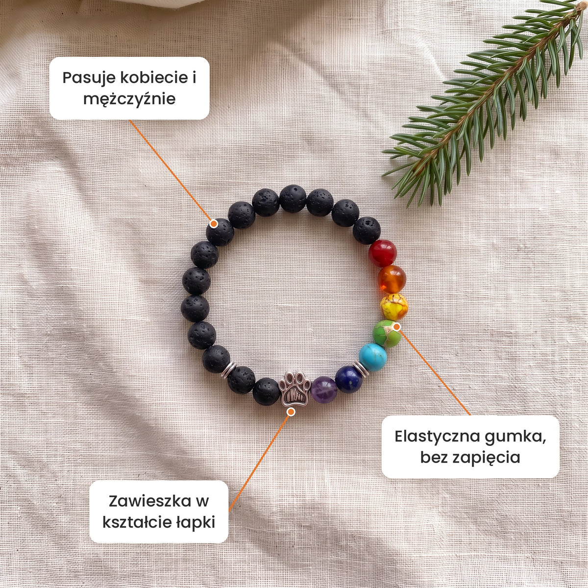 Cechy: Bransoletka Świetliki. Zawieszka w kształcie łapki, elastyczna gumka bez zapięcia, pasuje kobiecie i mężczyźnie
