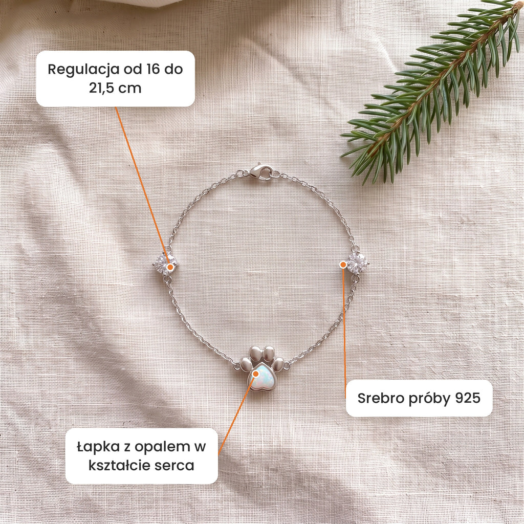 Cechy: Bransoletka srebrna 925 Tęczowy Ślad. Łapka z opalem w kształcie serca, srebro próby 925, regulacja od 16 do 21,5 cm