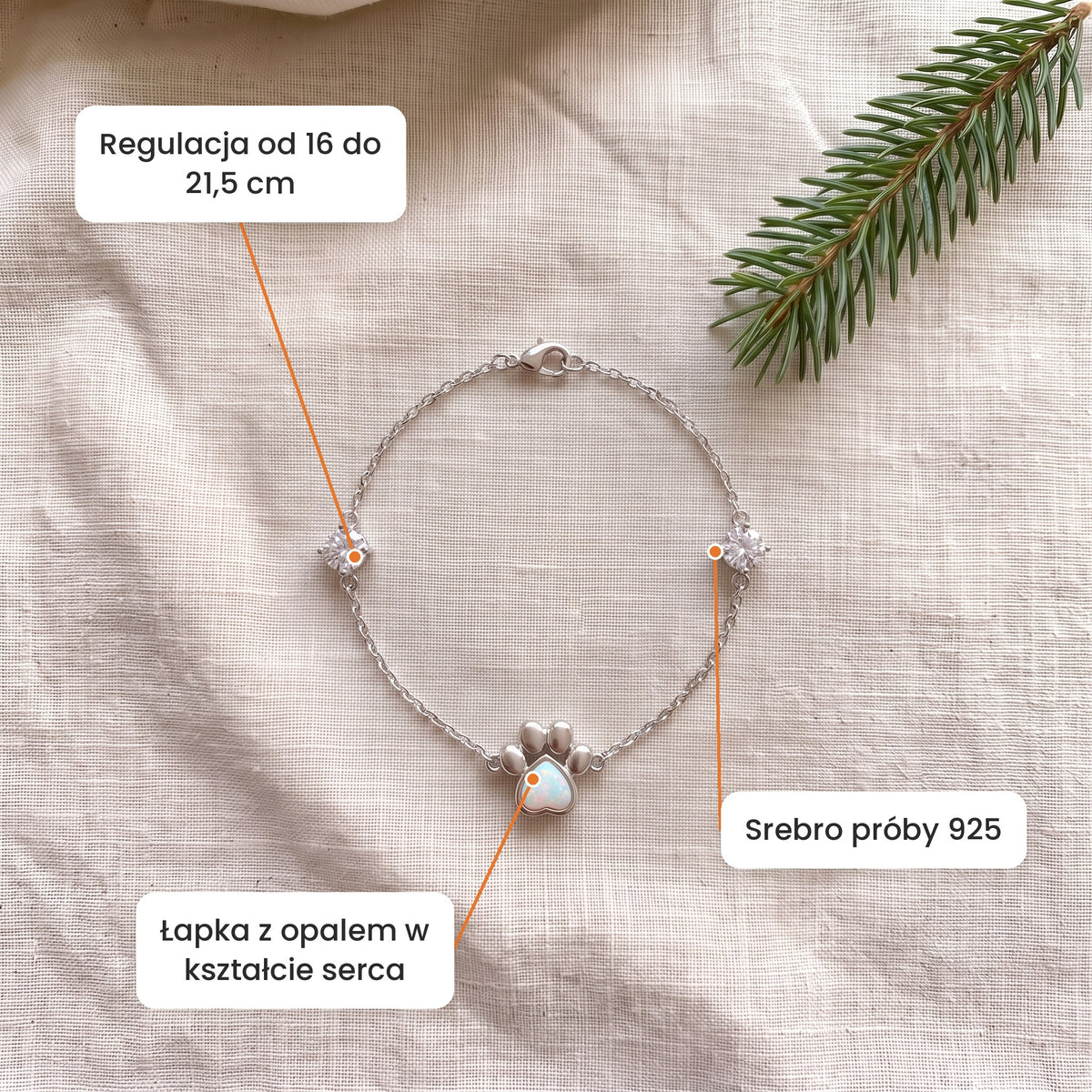 Cechy: Bransoletka srebrna 925 Tęczowy Ślad. Łapka z opalem w kształcie serca, srebro próby 925, regulacja od 16 do 21,5 cm