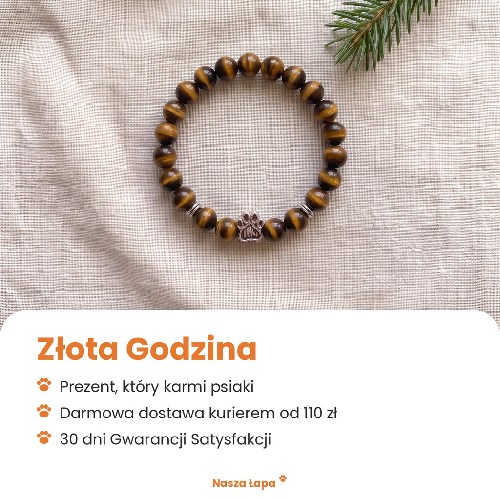 Bransoletka Złota Godzina od Nasza Łapa: prezent, który karmi psiaki, darmowa dostawa kurierem od 110 zł, 30 dni Gwarancji Satysfakcji