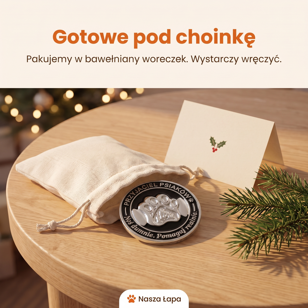 Przypinka Psia Odznaka w bawełnianym woreczku obok świątecznej kartki, gotowe pod choinkę